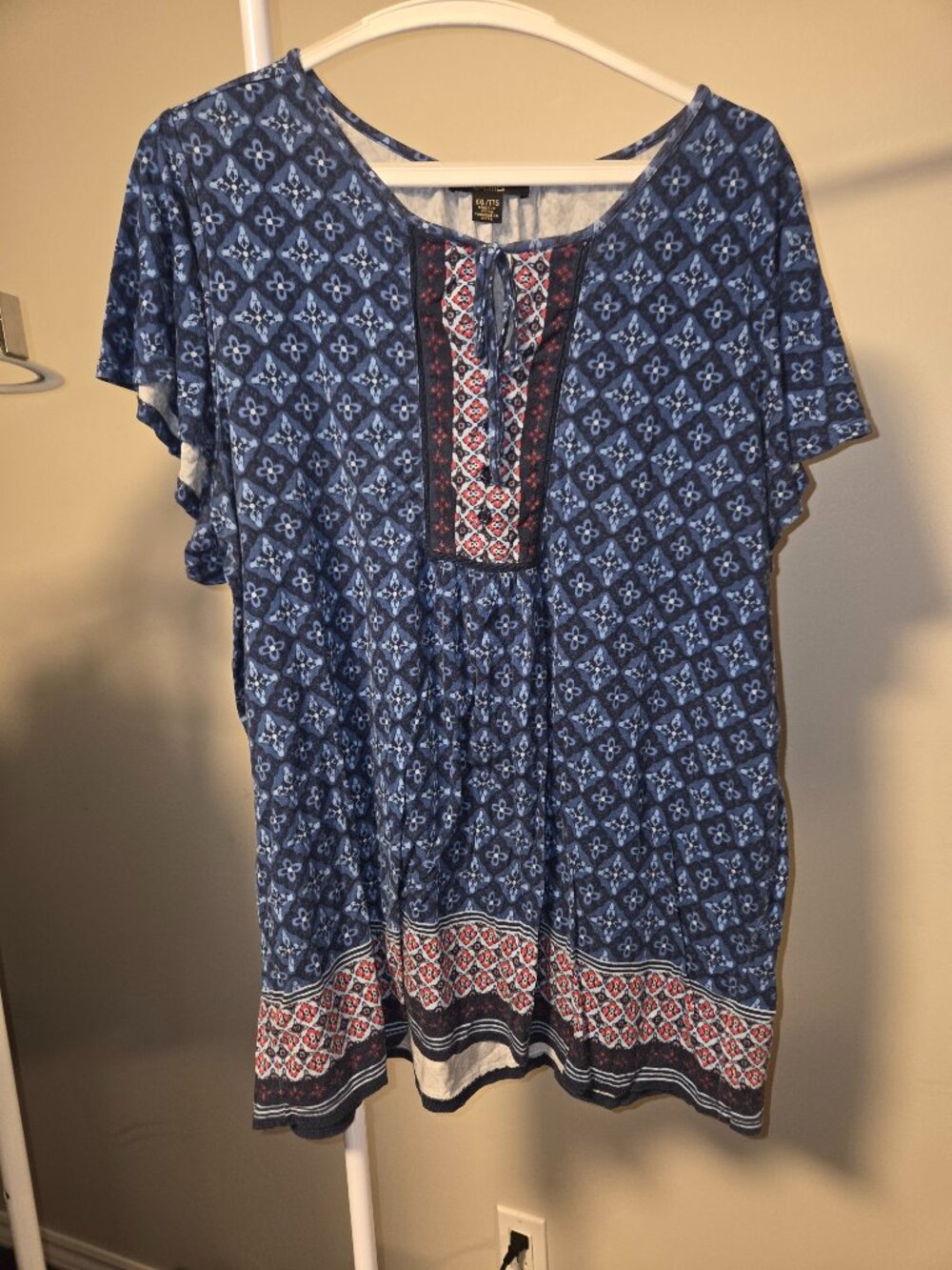 Dalila XXL Blue Geometric Print Dress – Short Sleeve, Lightweight, Boho Border H